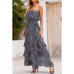 Boho Printed Tiered Ruffle Strapless Layered Flowy Long Summer Maxi Dress‎